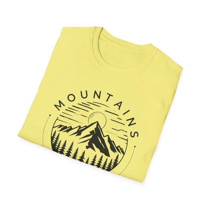 Mountains Call T-Shirt – Circular Nature Scene with Mountains, Trees & Sun Design