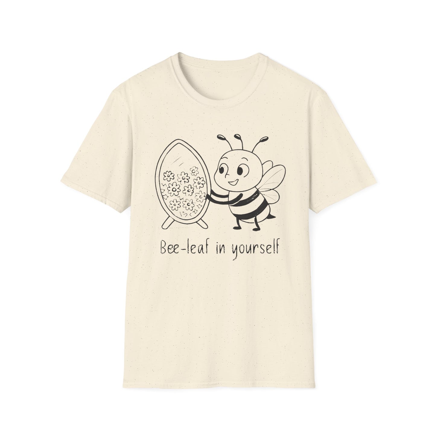 Believe In Yourself T-Shirt - Chalkboard Playful Bee Gazes into Leaf Mirror Design