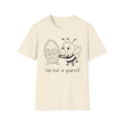 Believe In Yourself T-Shirt - Chalkboard Playful Bee Gazes into Leaf Mirror Design