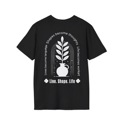 Line Shape Life T-Shirt - Stylized Plant Typography Front And Back Design