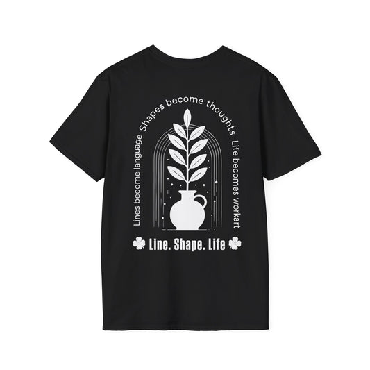 Line Shape Life T-Shirt - Stylized Plant Typography Front And Back Design
