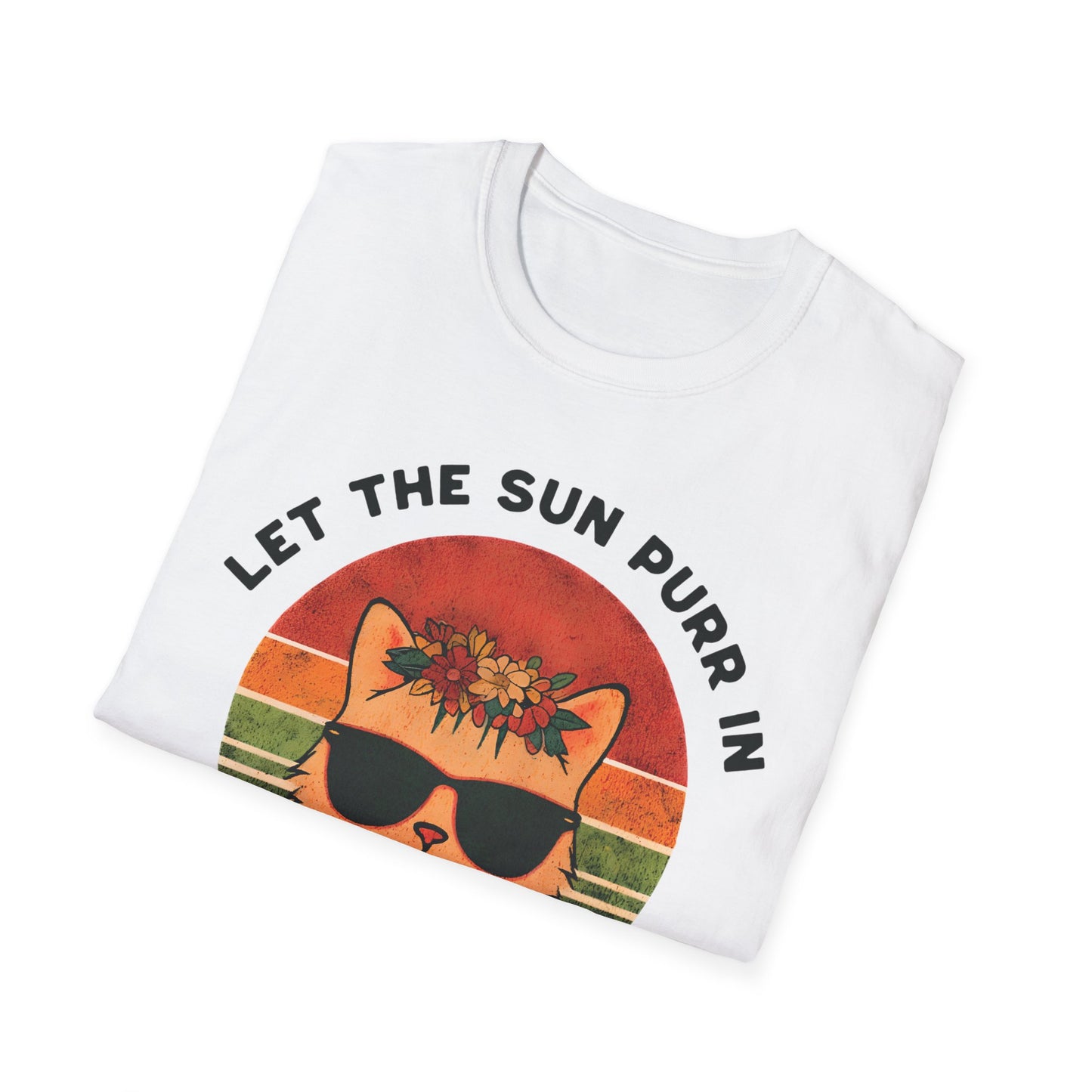 Let the Sun Purr In - Playful Vintage Sunset And A Cat in Sunglasses and Floral Crown T-Shirt