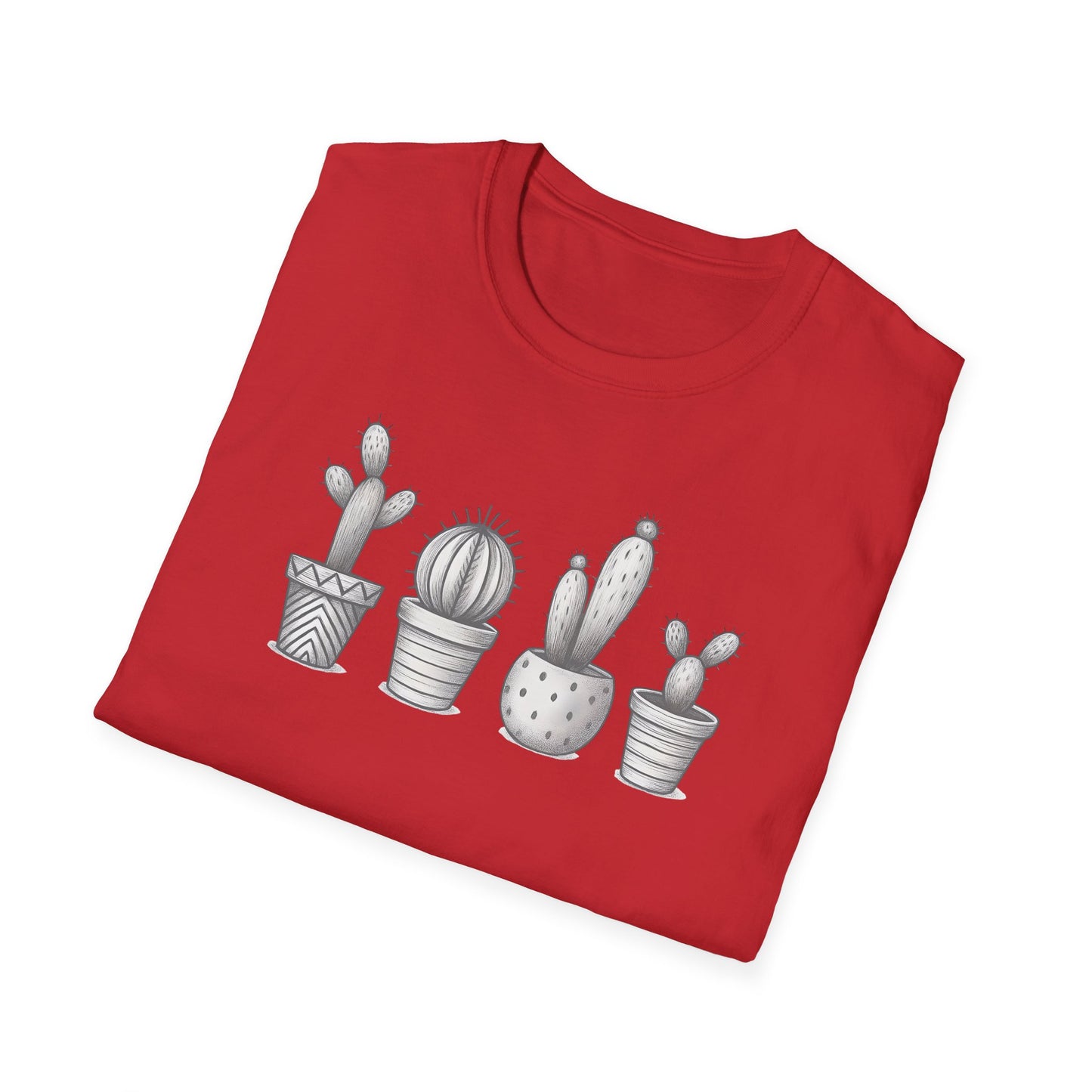 Gray Cacti In Terracotta Pots Line T-Shirt - Botanical Design