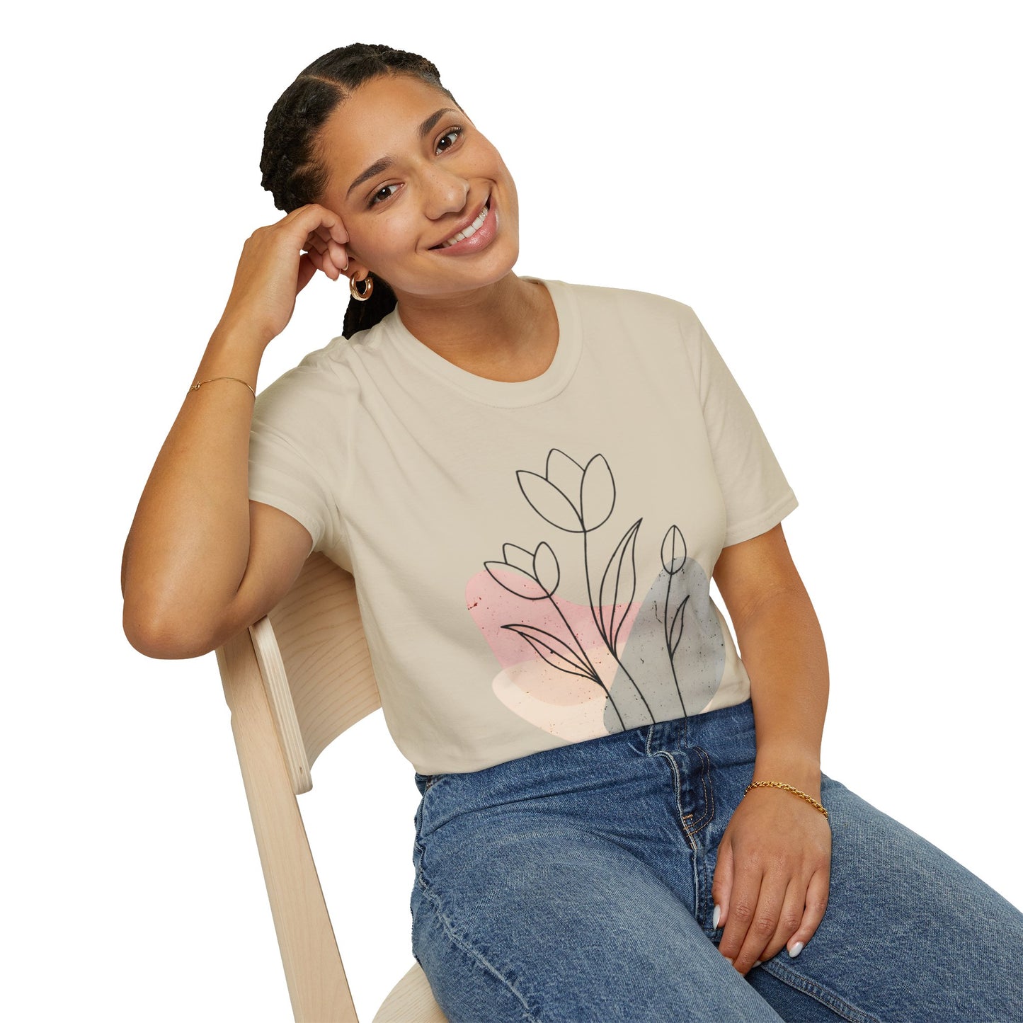 Tulip Outline T-shirt - Minimalistic Line Art  Colored Background Floral Design