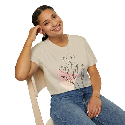 Tulip Outline T-shirt - Minimalistic Line Art  Colored Background Floral Design