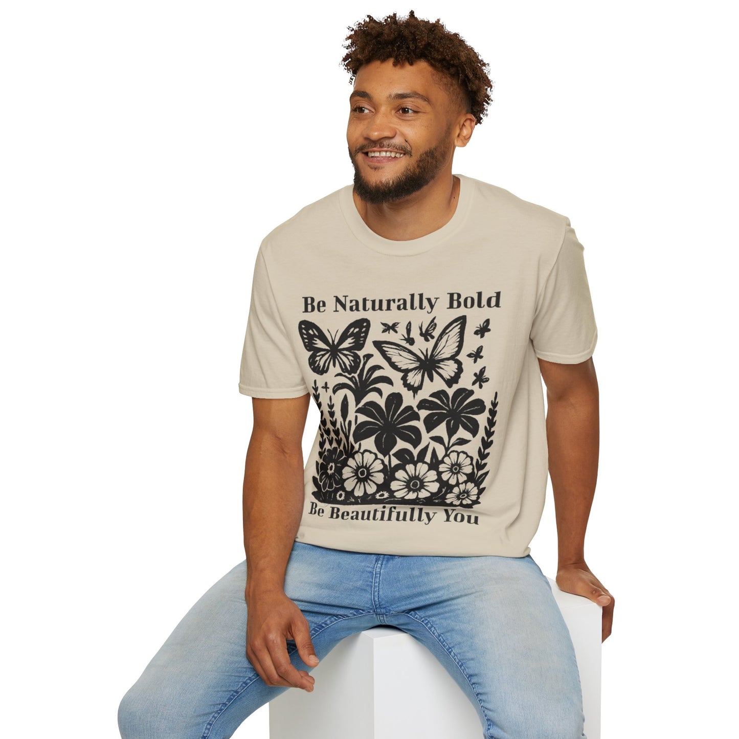 Monochrome Bold Botanical Flowers and Butterflies T-Shirt Design