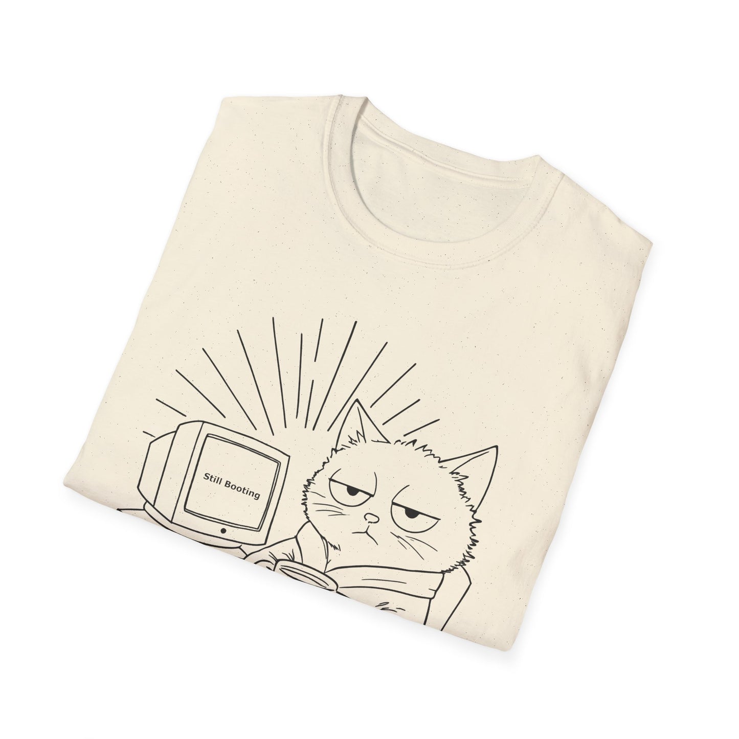 Not A Morning Cat Still Booting T-Shirt -  Sleepy Cartoon Cat in Robe with Coffee Mug and A Computer In the Morning  Design