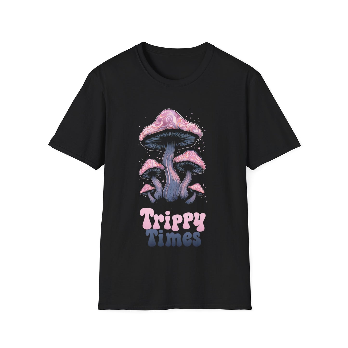 Trippy Times T-Shirt – Whimsical Glowing Pink Mushrooms Design