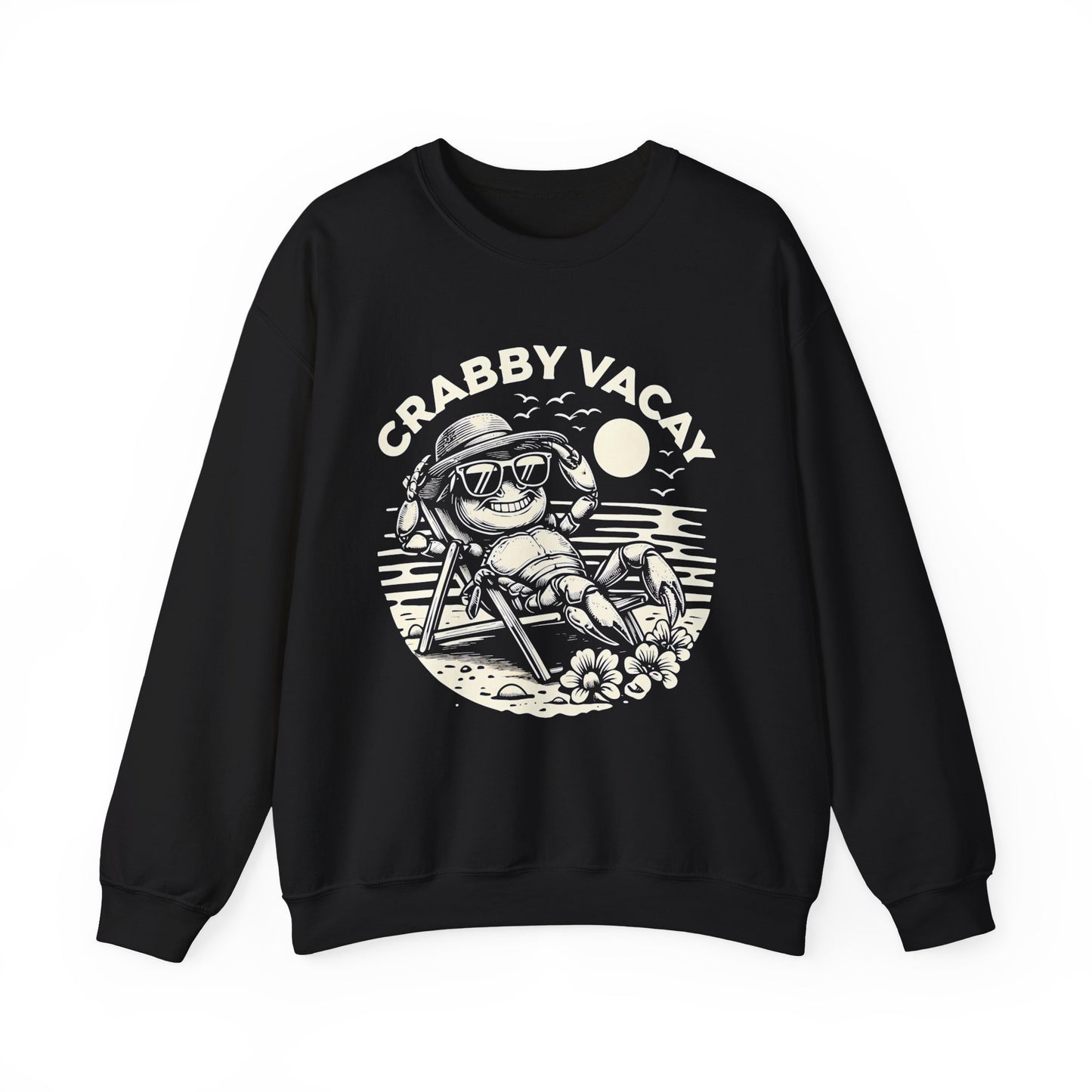 Crabby Vacay - Playful Monochrome Happy Crab Wearing Sunglasses in Tropical Scene Sweatshirt
