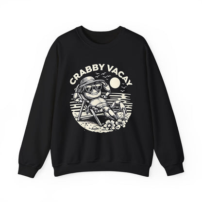 Crabby Vacay - Playful Monochrome Happy Crab Wearing Sunglasses in Tropical Scene Sweatshirt