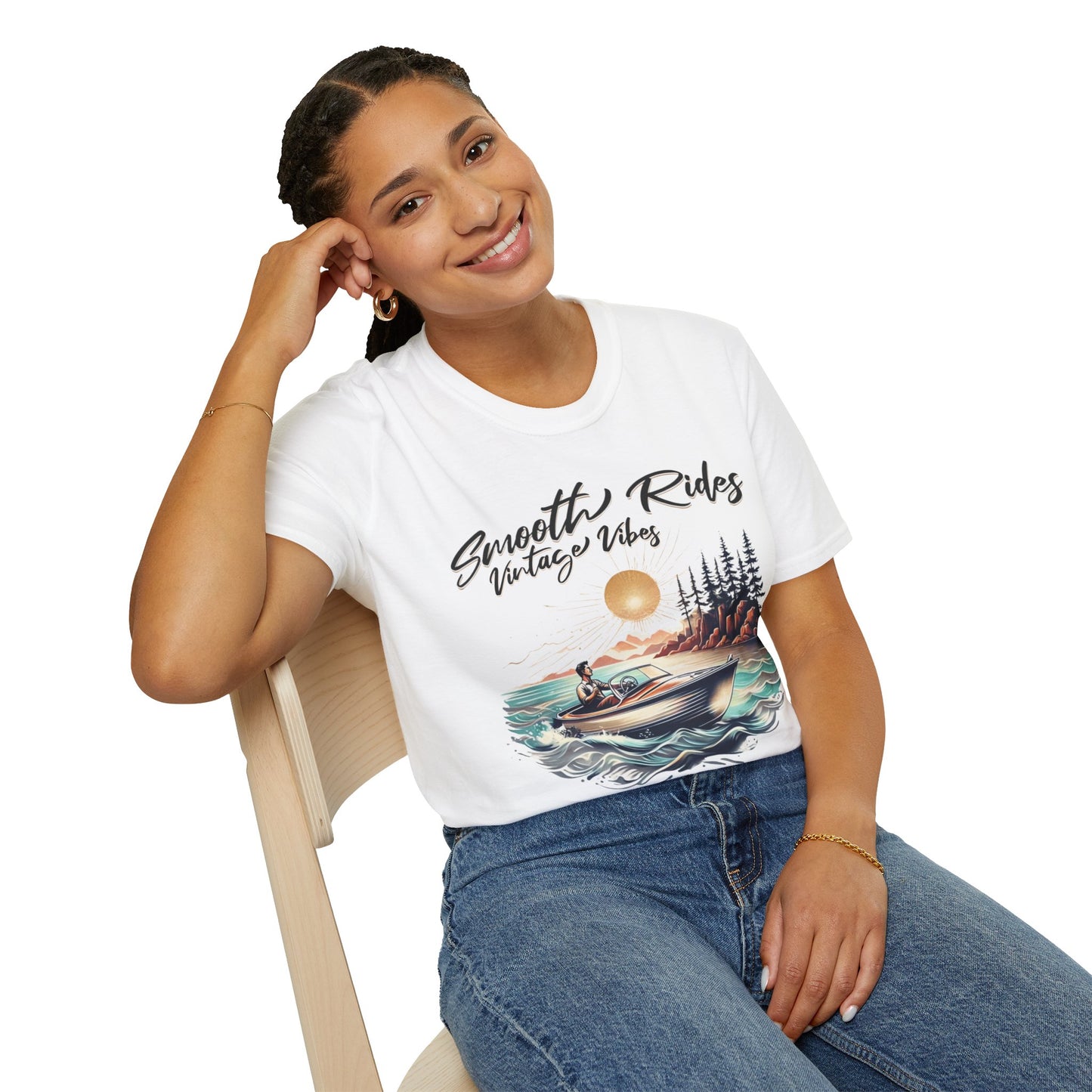 Smooth Rides Vintage Vibes T-Shirt -Vintage Scene with boat and A Man Design