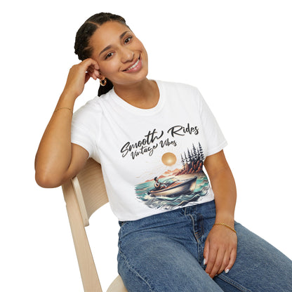 Smooth Rides Vintage Vibes T-Shirt -Vintage Scene with boat and A Man Design