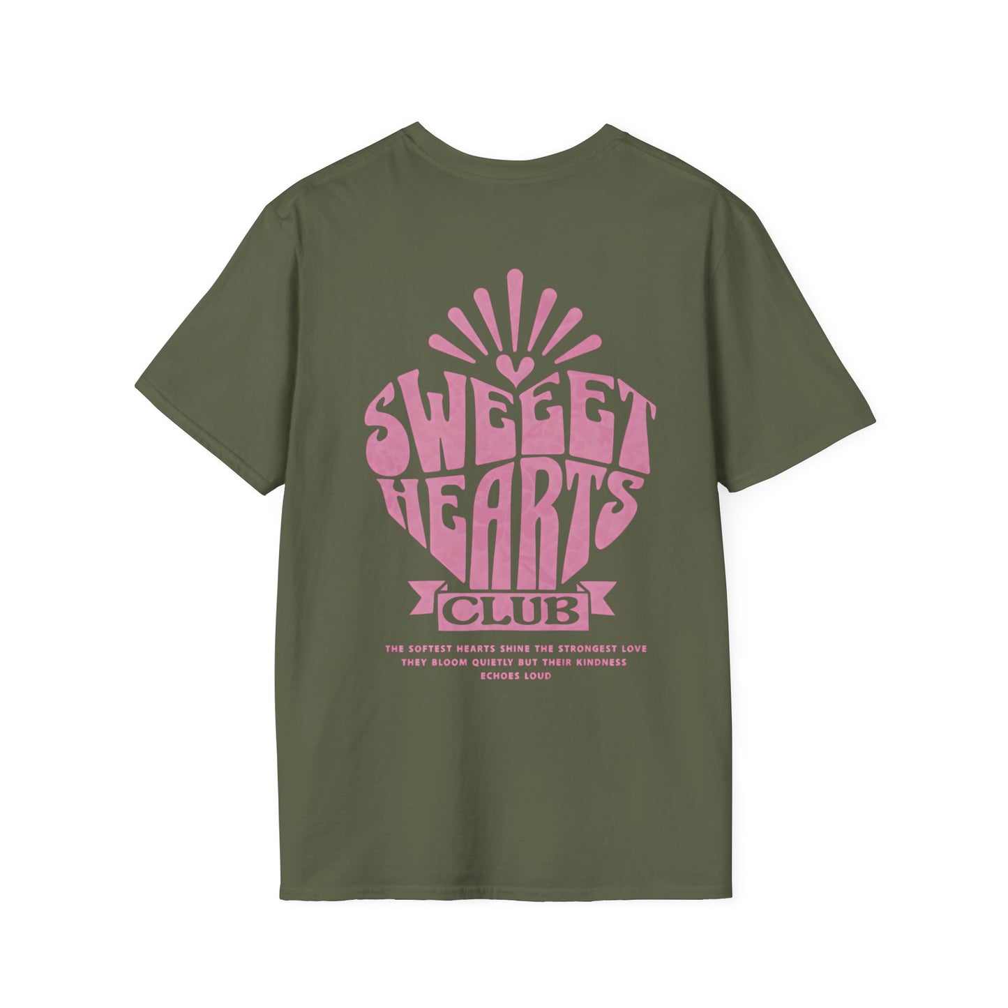 Sweet Hearts Club T-Shirt –  Typography Framed Inside A Heart Frame with Botanical Pattern Front And Back Design