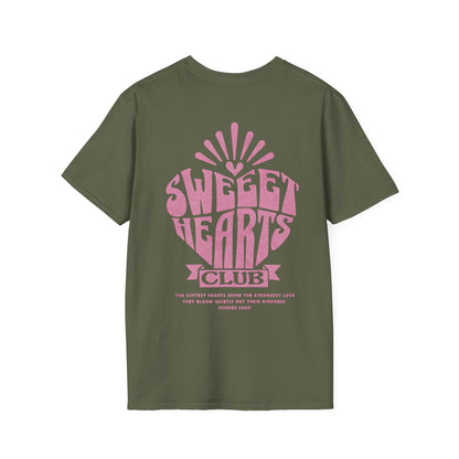 Sweet Hearts Club T-Shirt –  Typography Framed Inside A Heart Frame with Botanical Pattern Front And Back Design