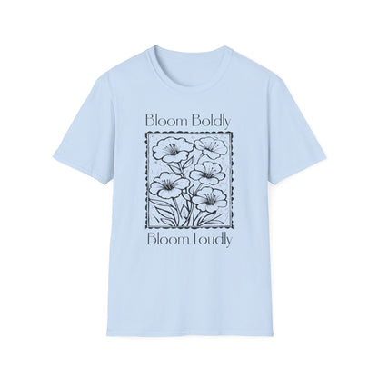 Bloom Boldly And Loudly - Monochrome Flowers With Stamp Border Linocut T-Shirt
