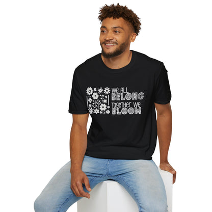 We all belong, together we bloom - White Silhouette Flowers T-Shirt Design