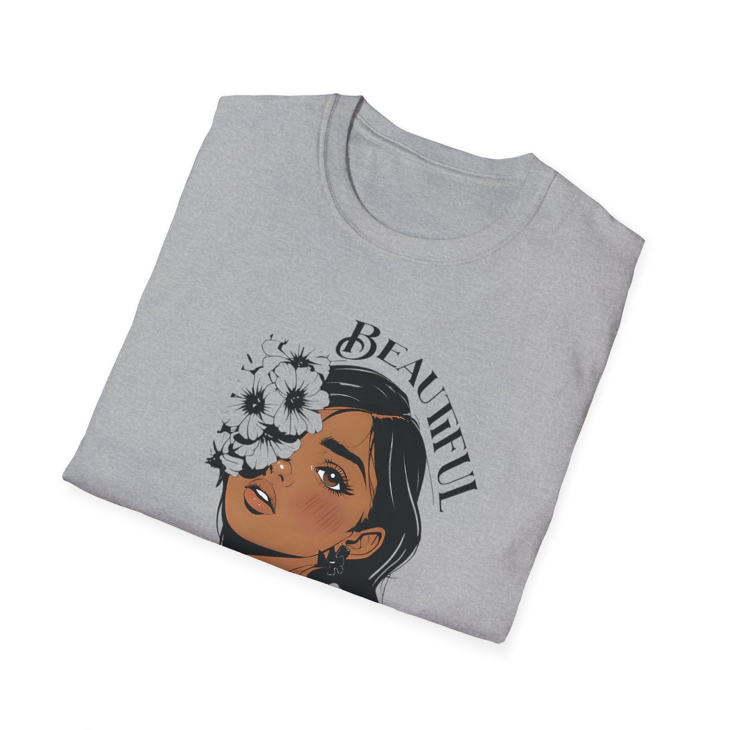 Beautiful Bold Unbothered T-Shirt – Young Woman Portrait with Bold Graphic Flowers Design