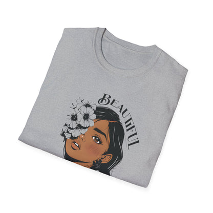 Beautiful Bold Unbothered T-Shirt – Young Woman Portrait with Bold Graphic Flowers Design
