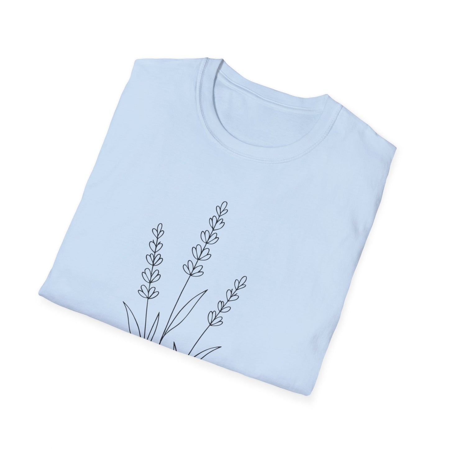 Minimalist Line Drawing of Lavender T-Shirt - Scattered Typography Design