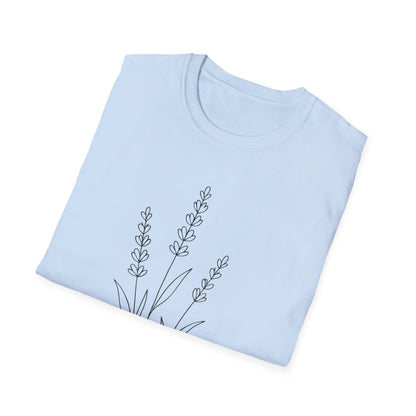 Minimalist Line Drawing of Lavender T-Shirt - Scattered Typography Design