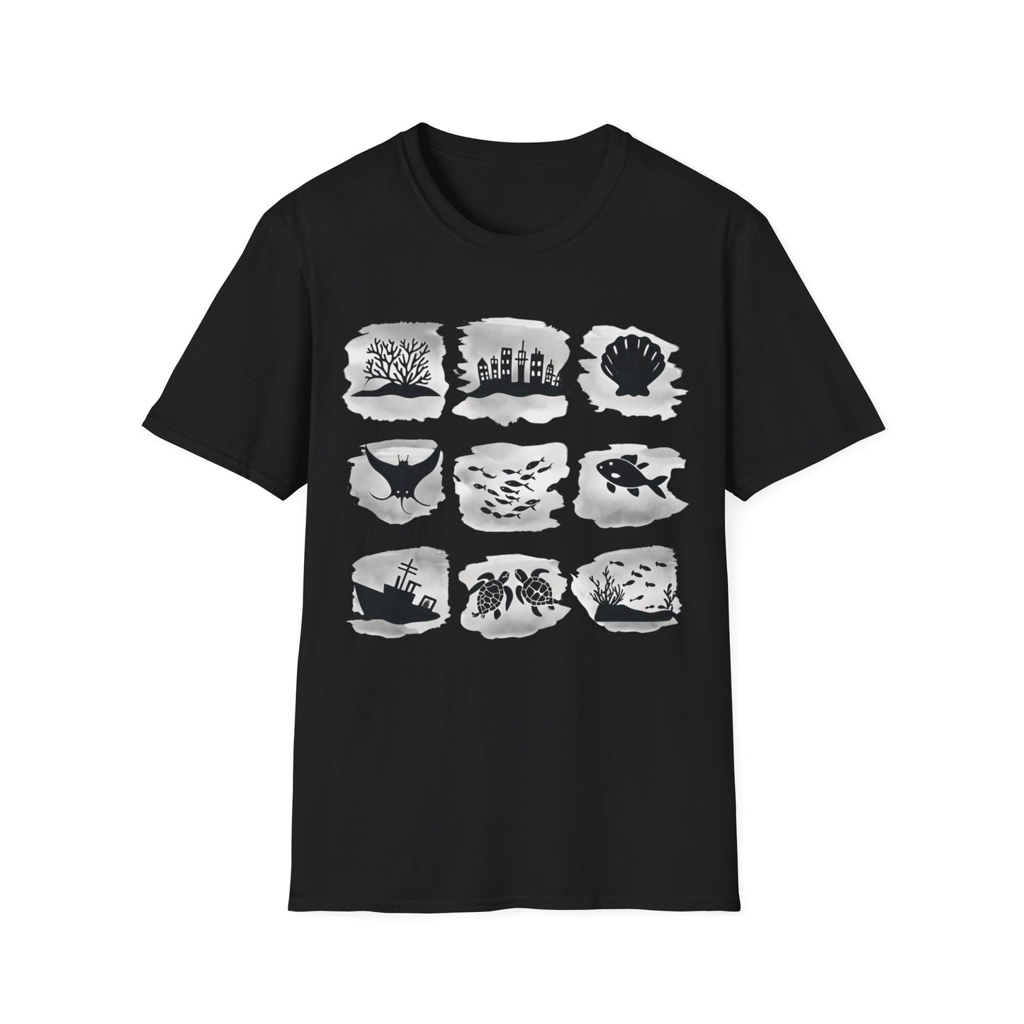 Gird of Marine Elements T-Shirt - Minimalistic silhouette with Gray Background Design