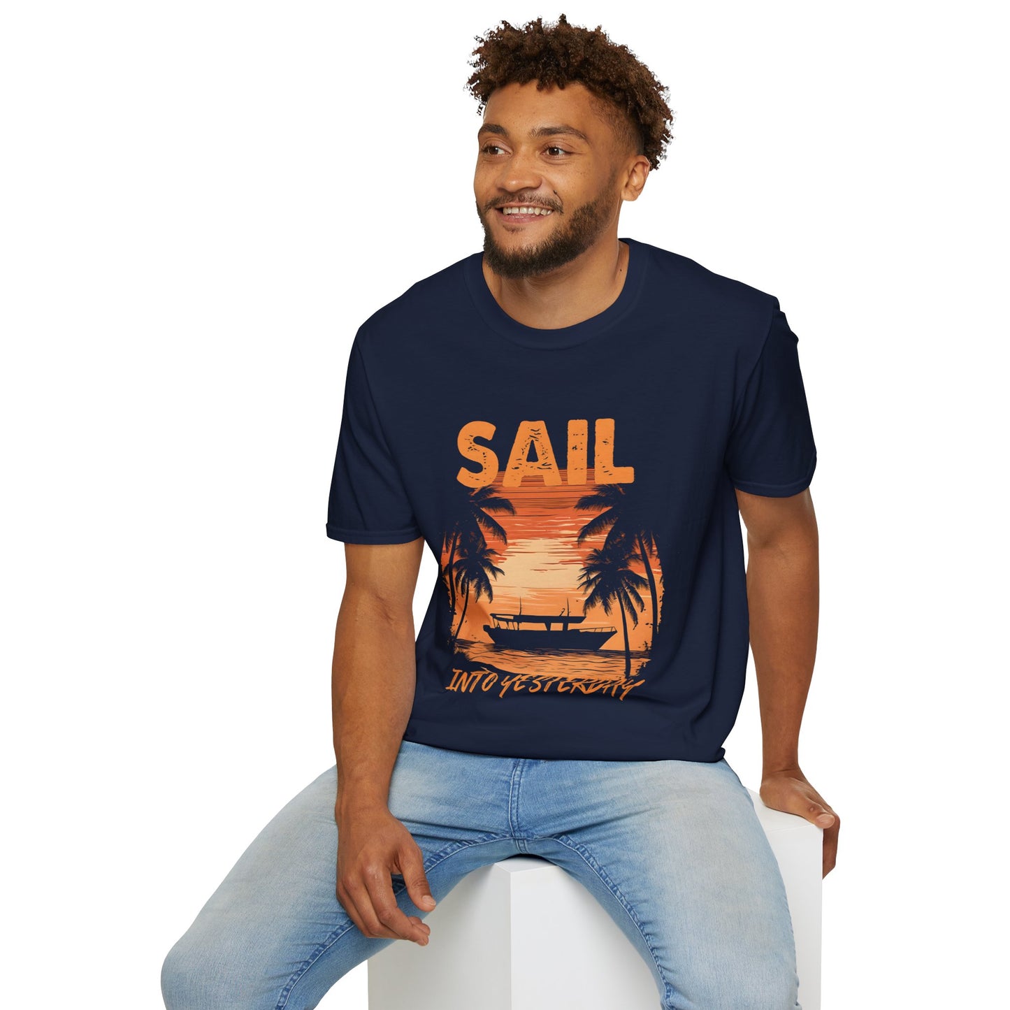 Sail Into Yesterday - Vintage Beach With Silhouetted Boat and Palm Trees T-Shirt