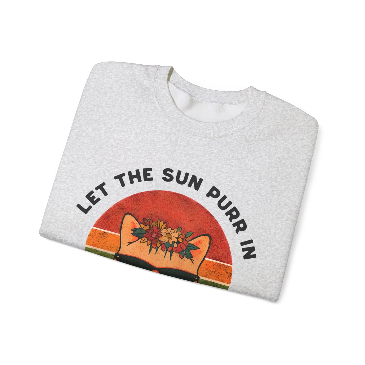 Let the Sun Purr In - Playful Vintage Sunset And A Cat in Sunglasses and Floral Crown Sweatshirt