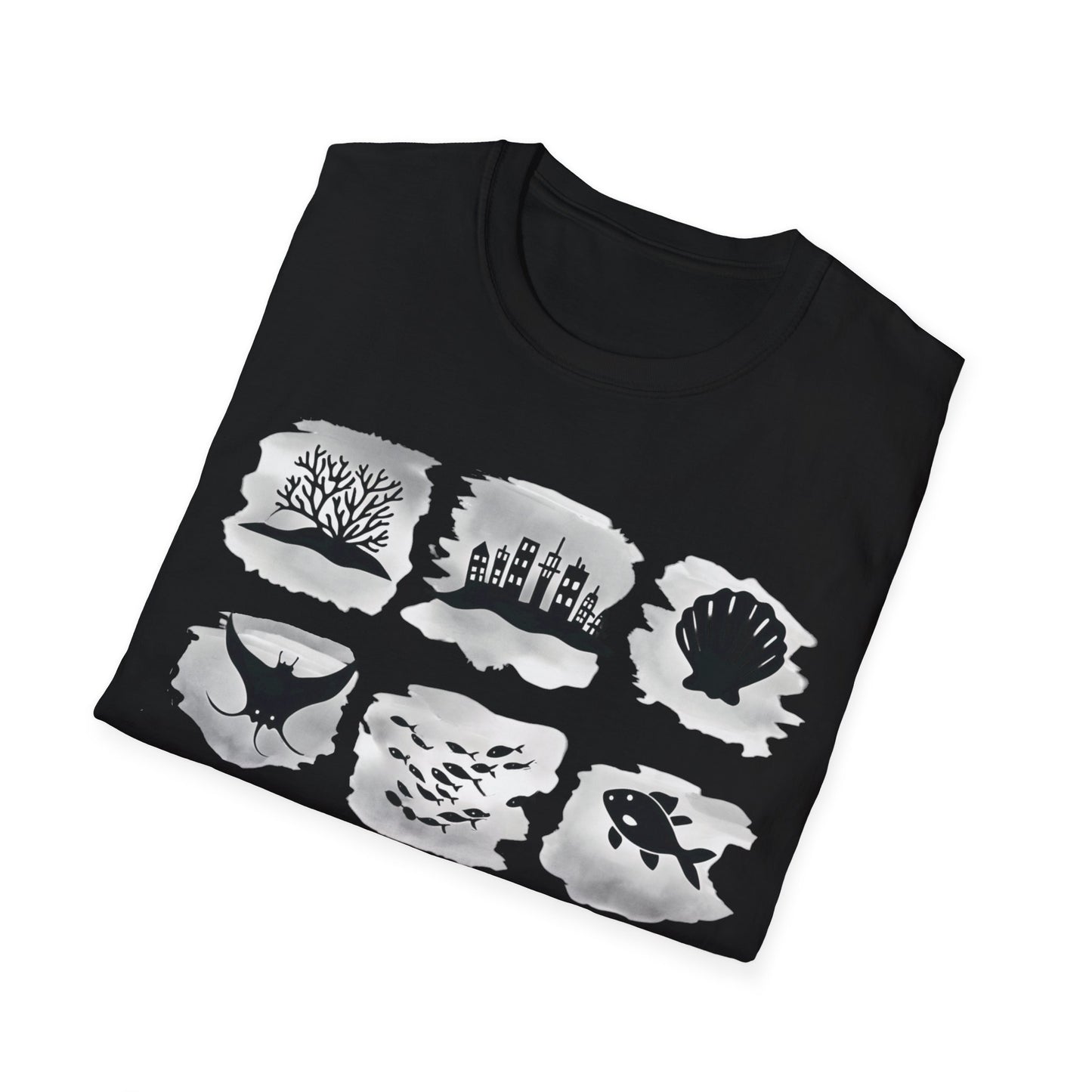 Gird of Marine Elements T-Shirt - Minimalistic silhouette with Gray Background Design