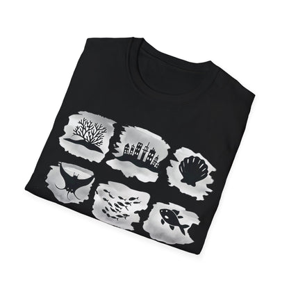 Gird of Marine Elements T-Shirt - Minimalistic silhouette with Gray Background Design