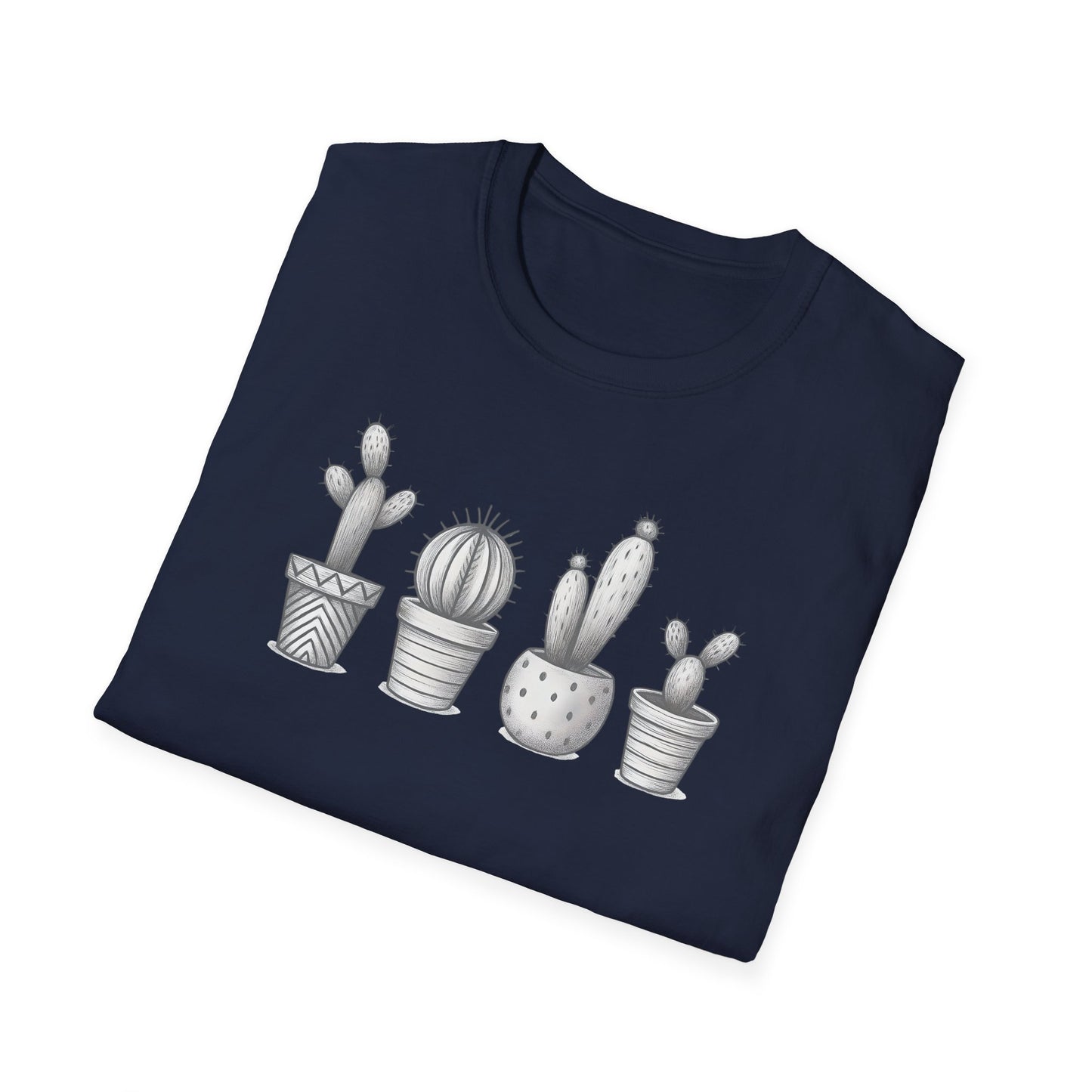 Gray Cacti In Terracotta Pots Line T-Shirt - Botanical Design