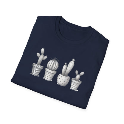 Gray Cacti In Terracotta Pots Line T-Shirt - Botanical Design