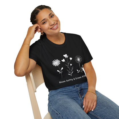 Bloom Softly Dream Widely T-Shirt - Minimalistic Flowers Outline - Botanical Line Art Design