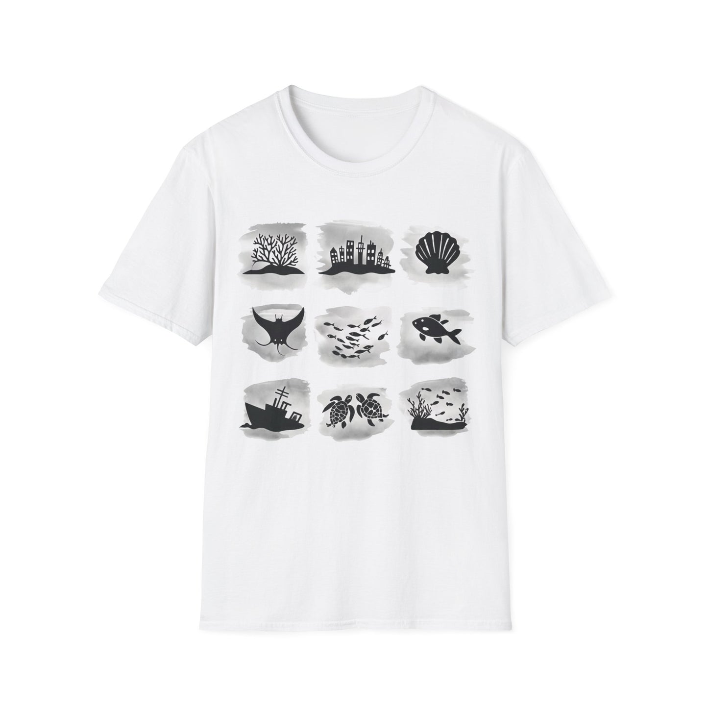Gird of Marine Elements T-Shirt - Minimalistic silhouette with Gray Background Design