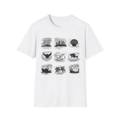 Gird of Marine Elements T-Shirt - Minimalistic silhouette with Gray Background Design