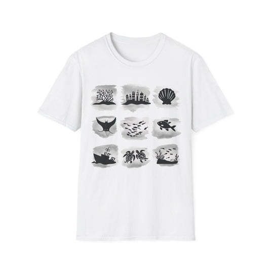 Gird of Marine Elements T-Shirt - Minimalistic silhouette with Gray Background Design