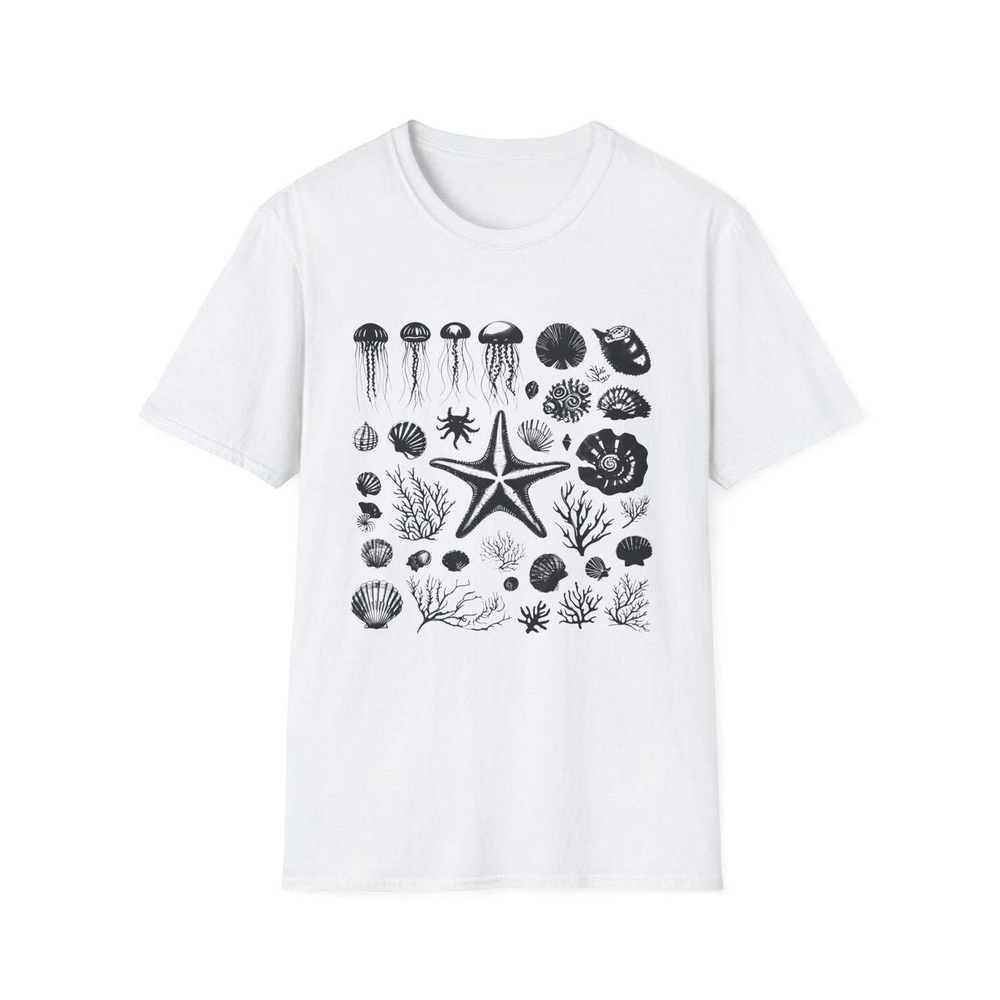 Monochrome Silhouette Grid Marine Creatures T-Shirt
