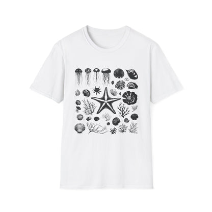 Monochrome Silhouette Grid Marine Creatures T-Shirt
