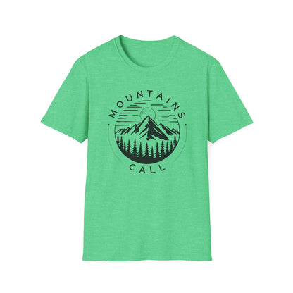 Mountains Call T-Shirt – Circular Nature Scene with Mountains, Trees & Sun Design