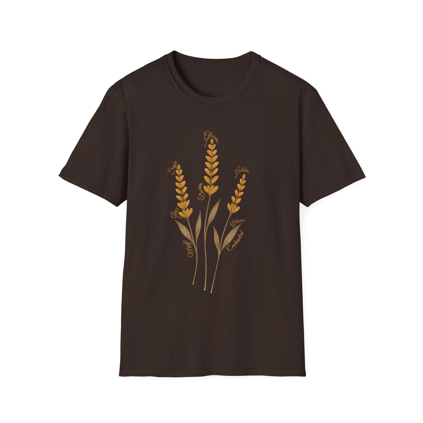 Golden Lavender T-Shirt - Scattered Typography Design