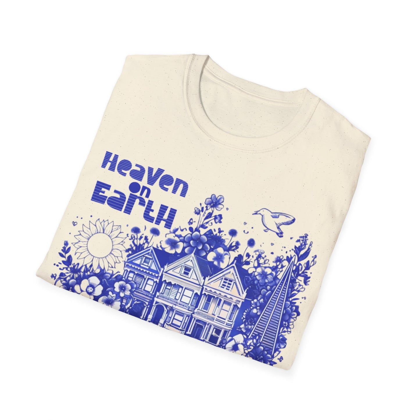Heaven on Earth - Monochrome Blue Victorian House and Flowers T-Shirt
