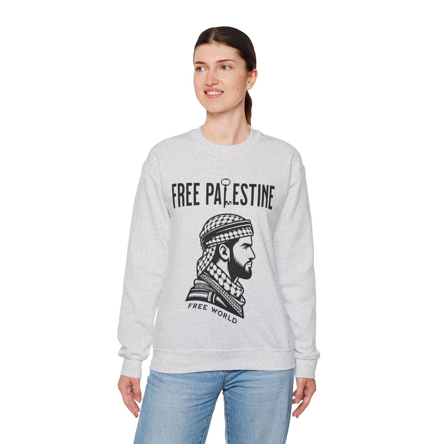 Free Palestine Free World - Man Wearing Palestinian Kuffiyah Sweatshirt