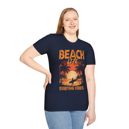 Beach Life Surfing Vibes - Vintage Beach With Silhouetted Surfer and Palm Trees T-Shirt