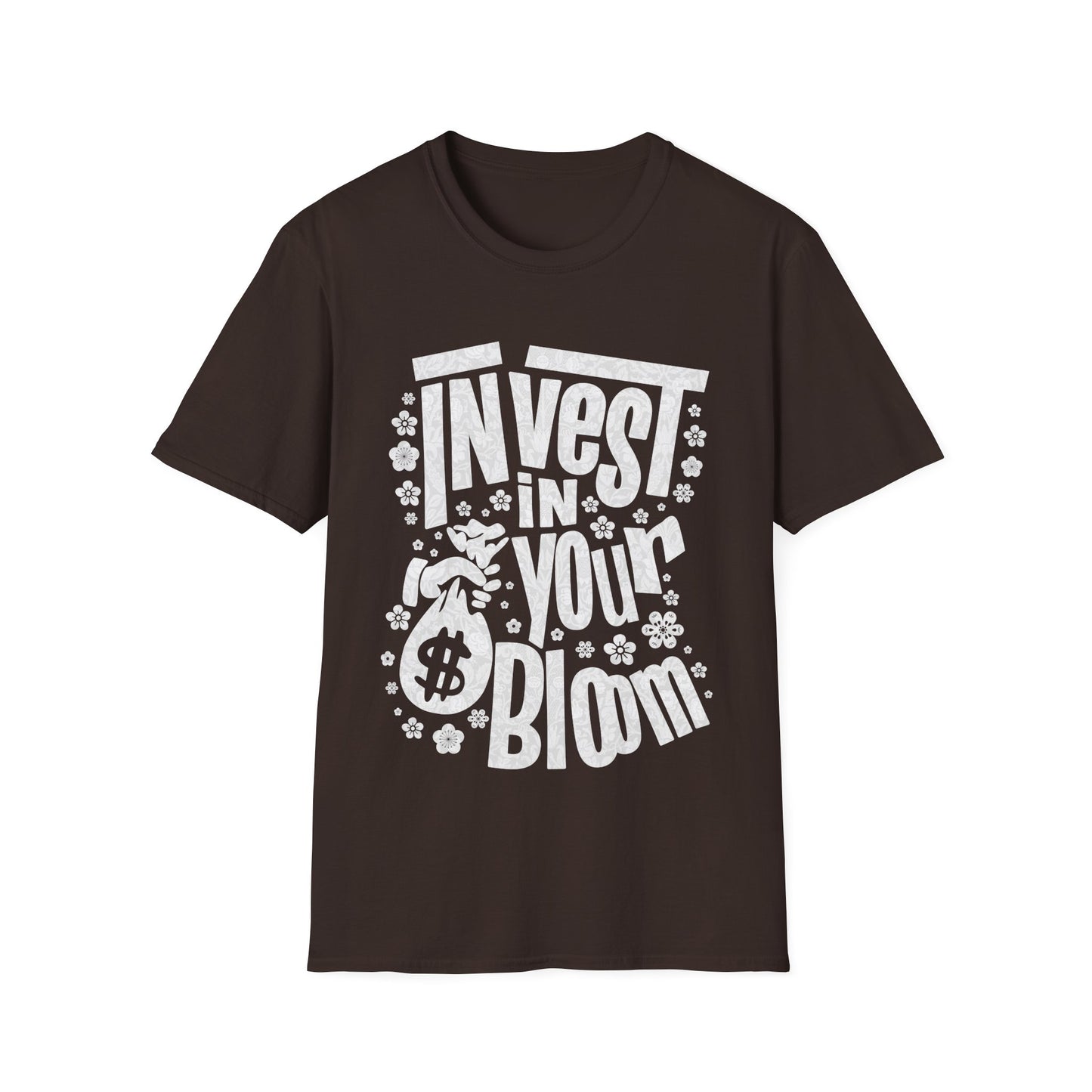 Invest In Your Bloom - Monochrome Floral Typography T-Shirt