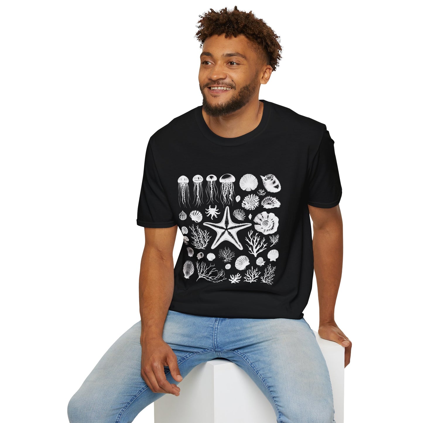 Monochrome Silhouette Grid Marine Creatures T-Shirt