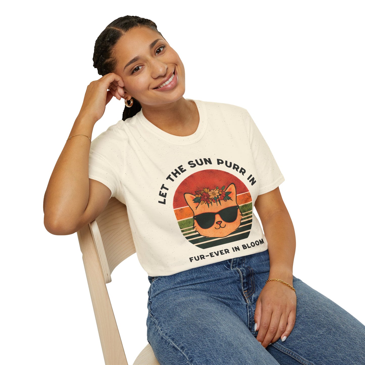 Let the Sun Purr In - Playful Vintage Sunset And A Cat in Sunglasses and Floral Crown T-Shirt