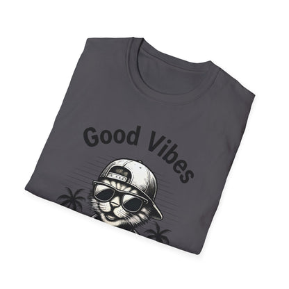 Good Vibes T-Shirt -  Cool Cat Relaxing with Tropical Drink Design