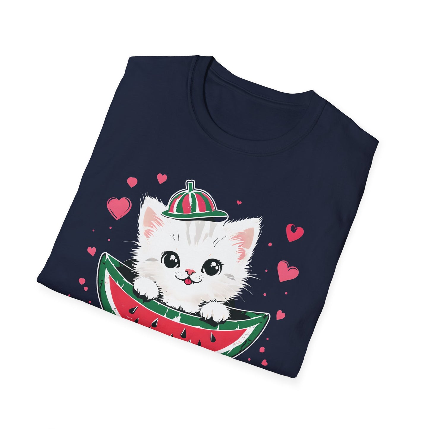 Watermelom Kitty - White Kitten in Watermelon Boat with Hearts  T-Shirt