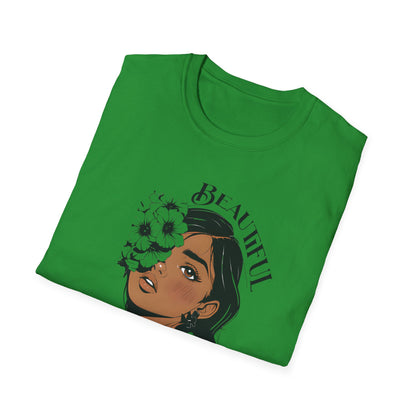 Beautiful Bold Unbothered T-Shirt – Young Woman Portrait with Bold Graphic Flowers Design