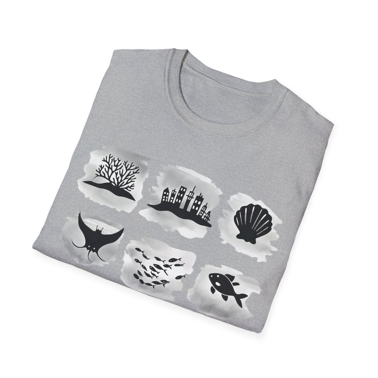 Gird of Marine Elements T-Shirt - Minimalistic silhouette with Gray Background Design