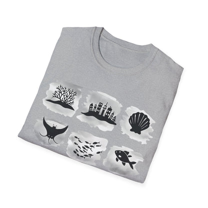 Gird of Marine Elements T-Shirt - Minimalistic silhouette with Gray Background Design